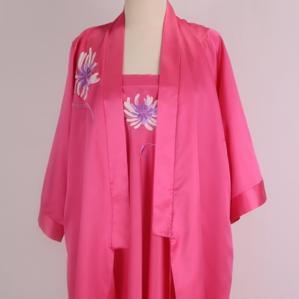 🌺 Vtg Natori Neiman Marcus Pink Flower Embroidered Asian Nightgown Robe Set S